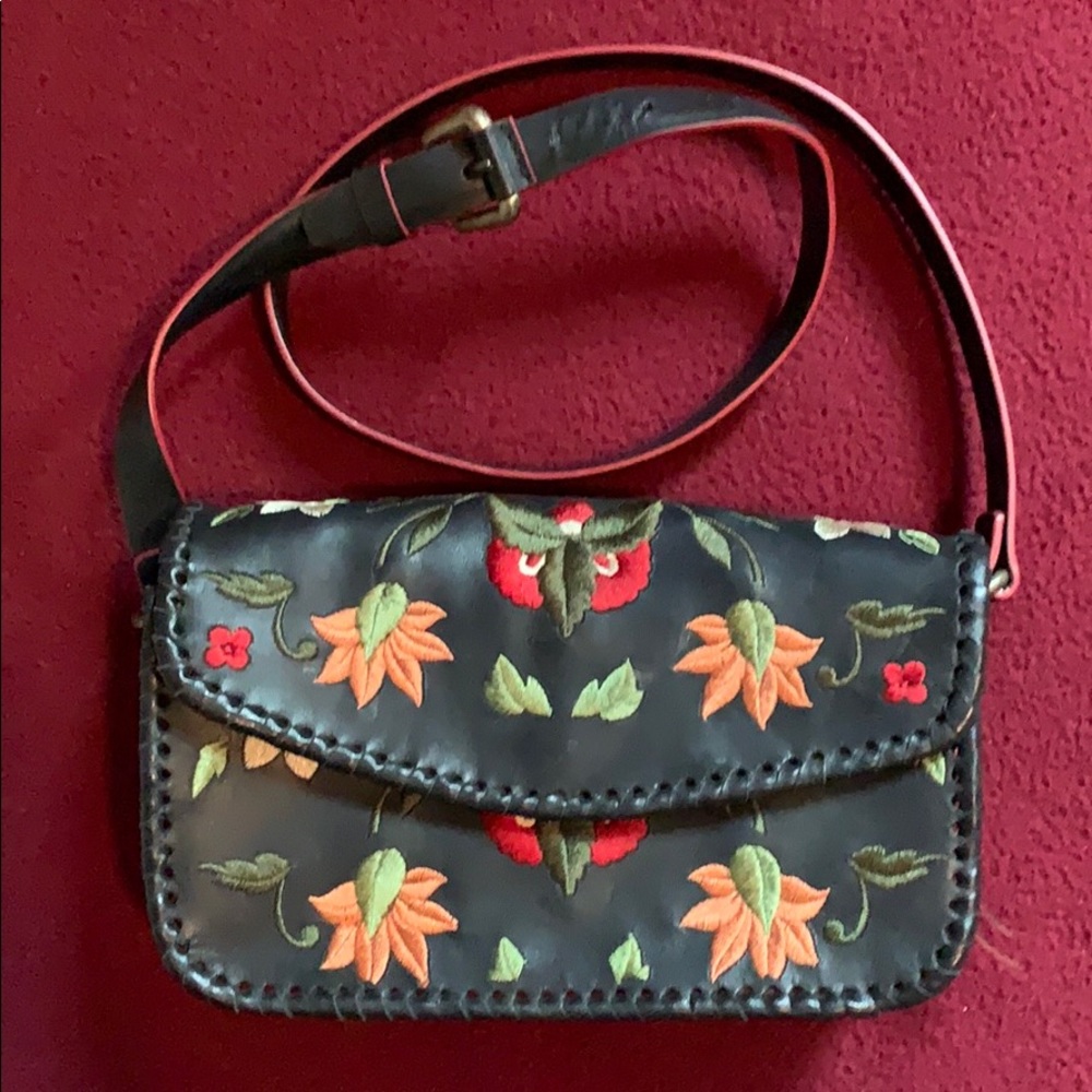 Flower Embroidered Black Leather Bag A.Vittadini